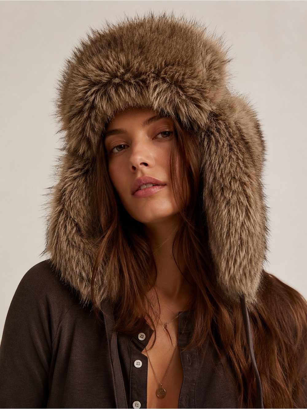 Free People Brown Shaggy Faux Fur Trapper Ushanka Hat